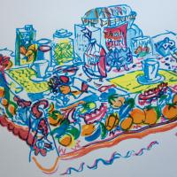 screenprint of a laden table
